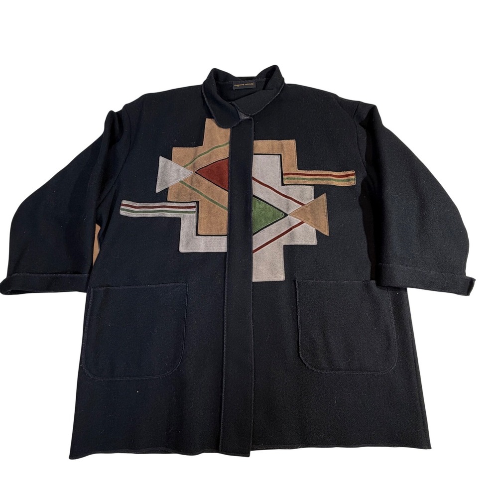 Osgood Smük‎ Wool Coat XL Black Geometric Leather Appliqué READ